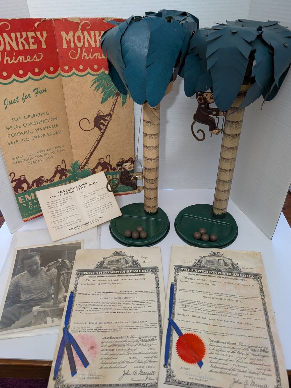 Rare 1950s Monkey Shines Climbing Toy Set with Original Patents Photos History